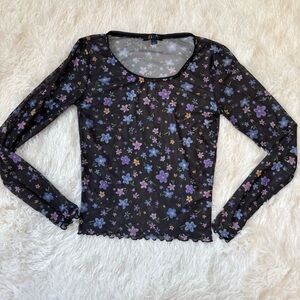 Delia's black floral mesh long sleeve top with lettuce edge hem size XXS